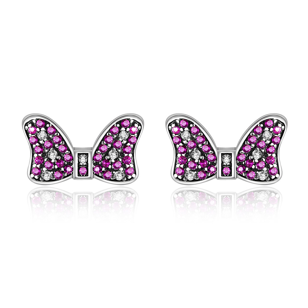 Silver Cubic Zirconia Pink Bow Stud Earring